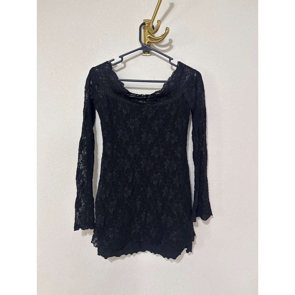 VTG Bisou Bisou Lace Mini Dress Womens Small Black Long Sleeve Off the Shoulder